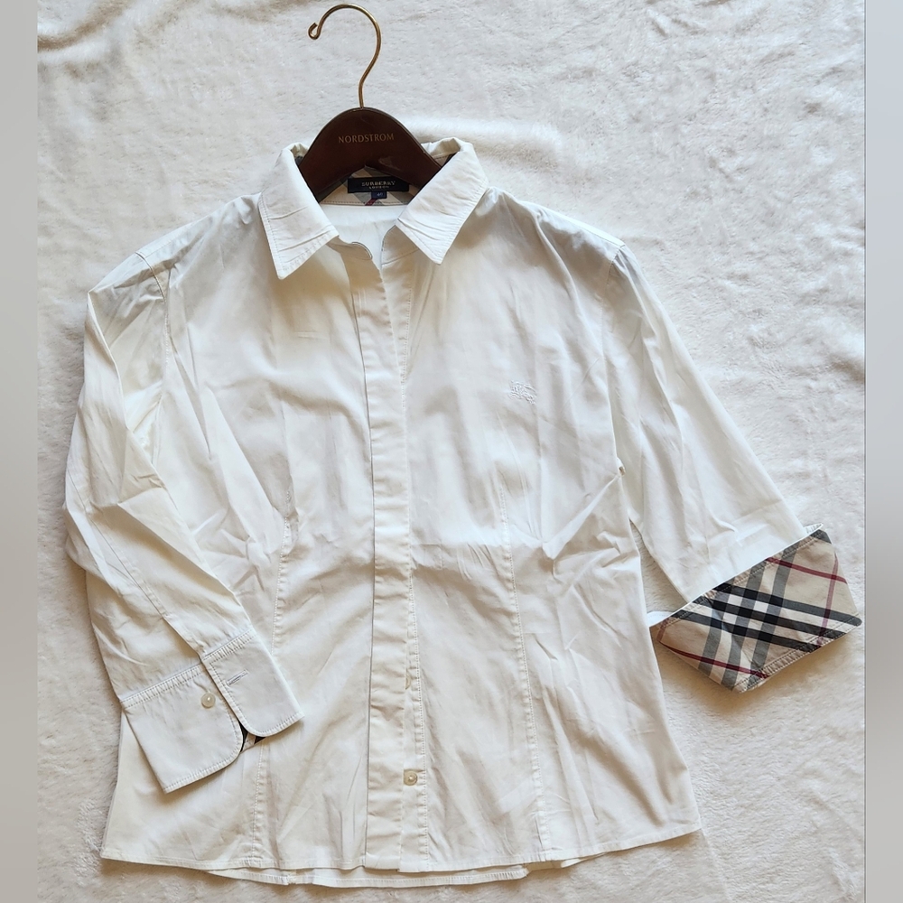Burberry White and Tan Button Down Shirt with Plaid Cuffs